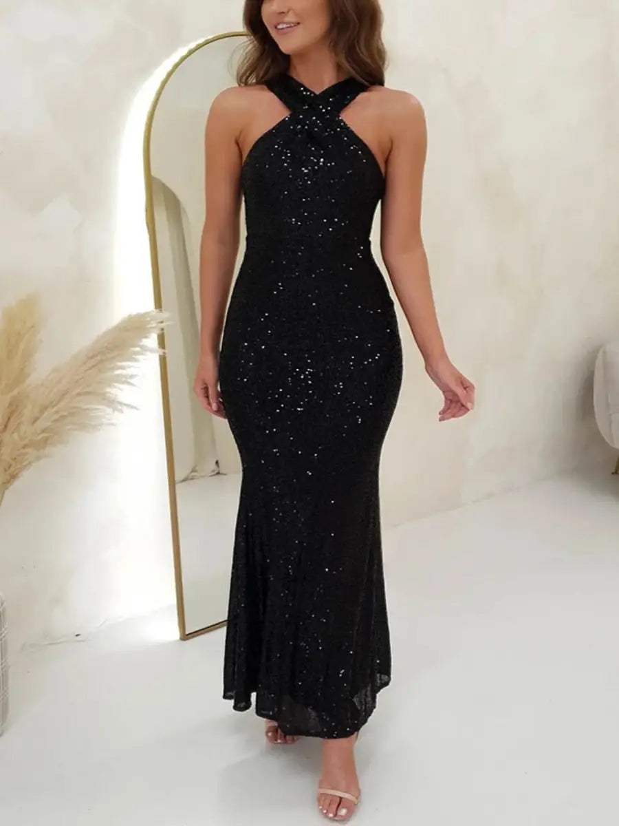 Elegant Sequin Halter Maxi Dress