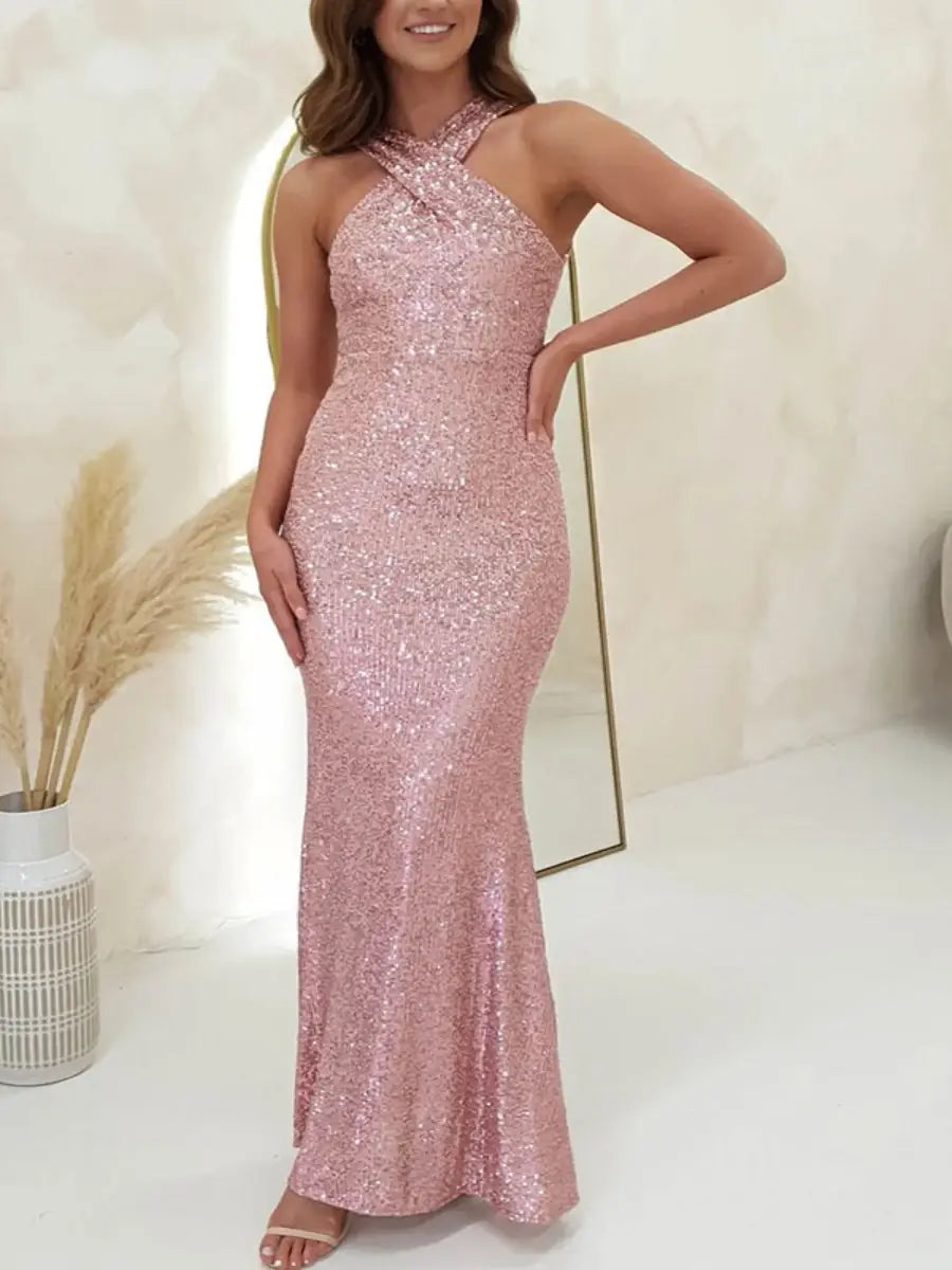 Elegant Sequin Halter Maxi Dress