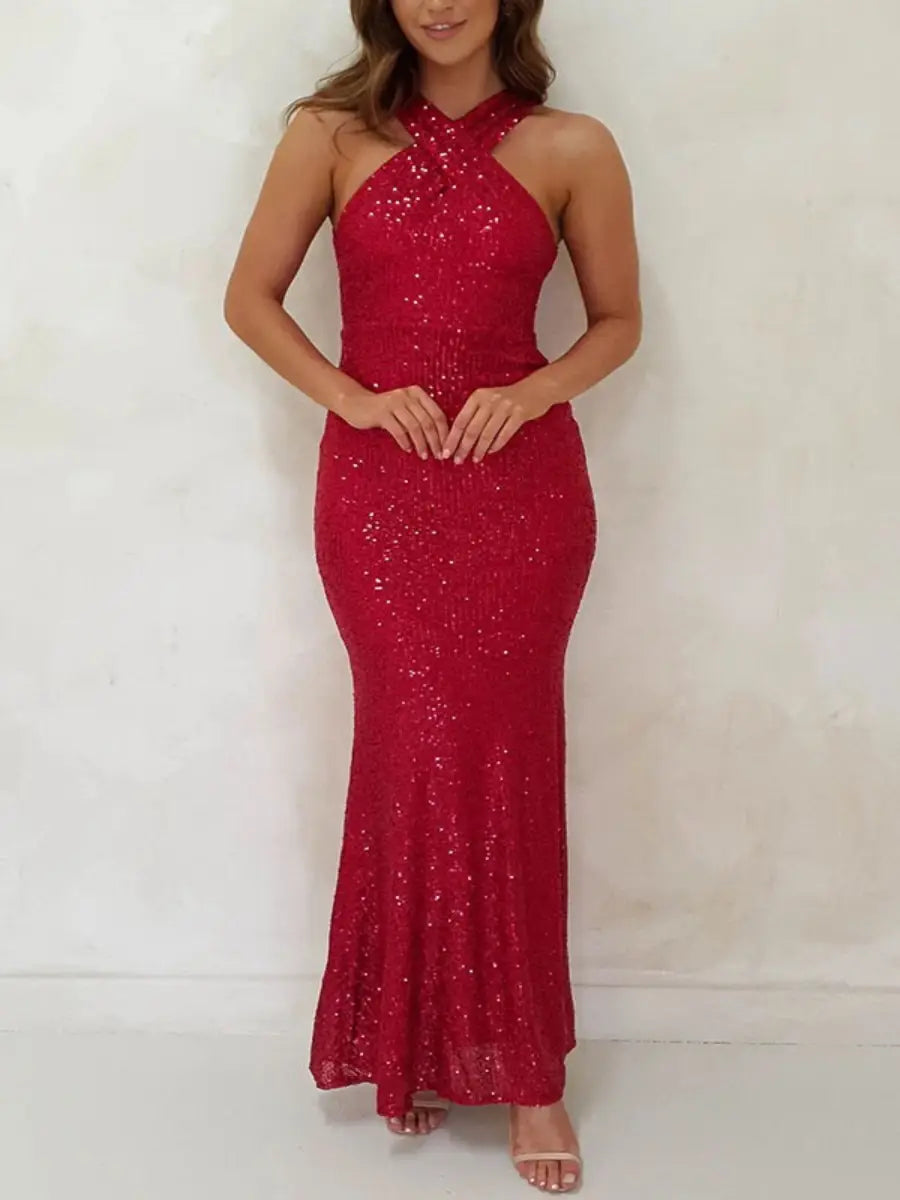 Elegant Sequin Halter Maxi Dress